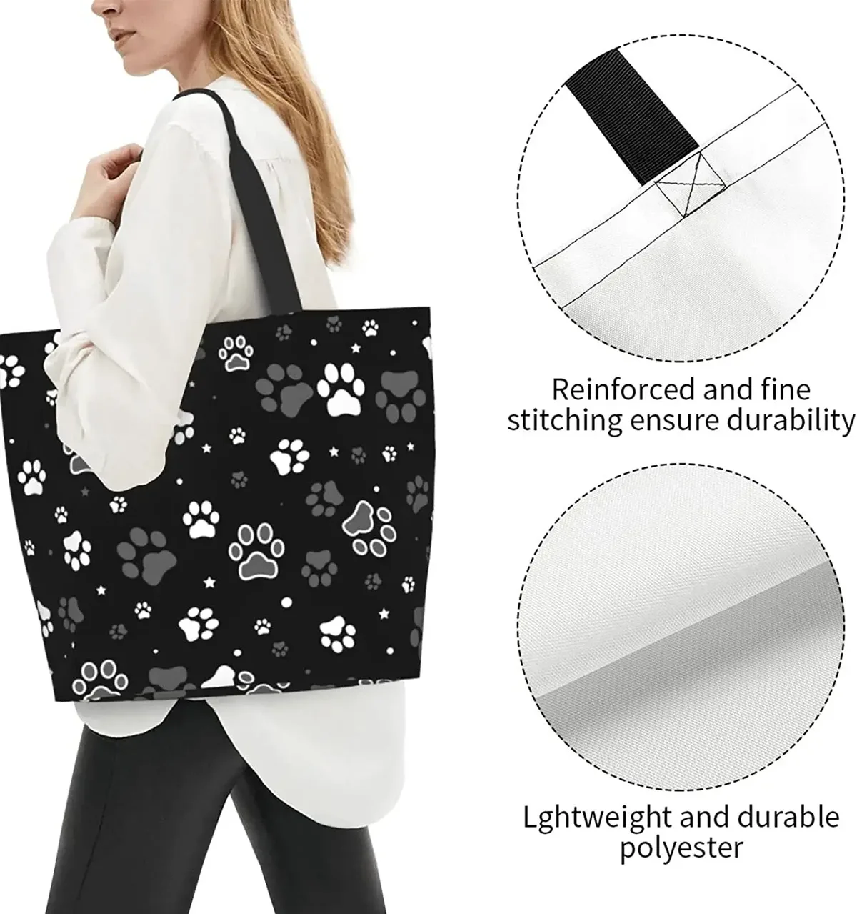 grand sac fourre-tout imprimé patte de chien pour femme, sac de plage portable, sacs d'épicerie réutilisables, sac à main initié étanche