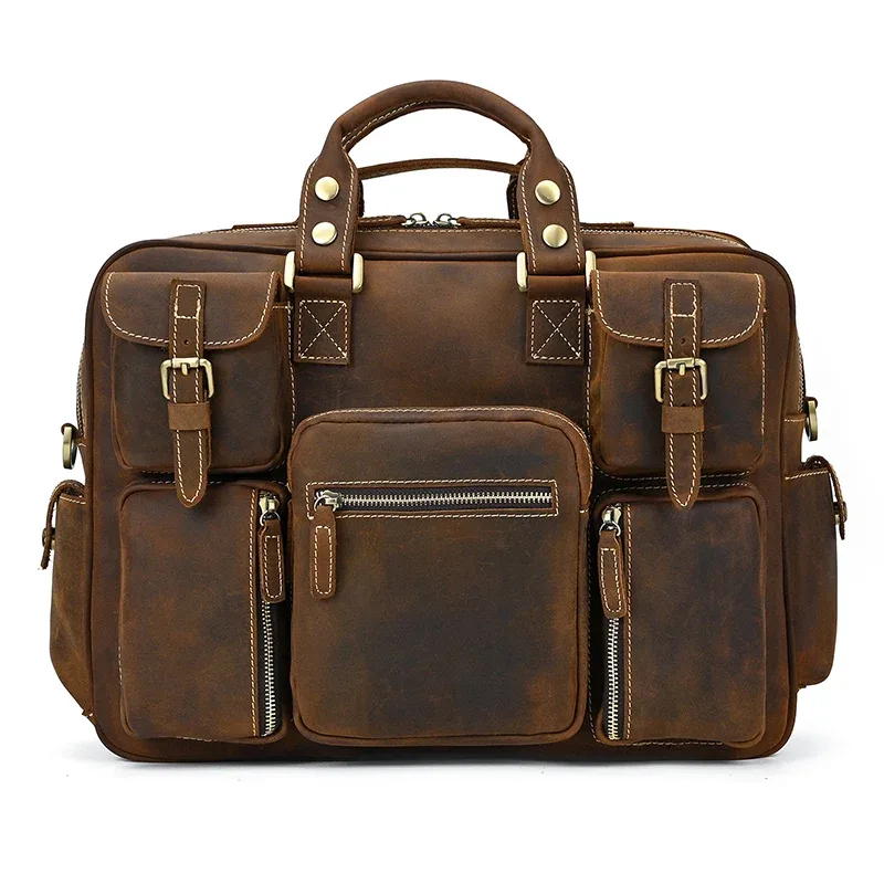 serviette vintage en cuir de cheval fou pour hommes, grand ordinateur portable, sac d'affaires en cuir véritab