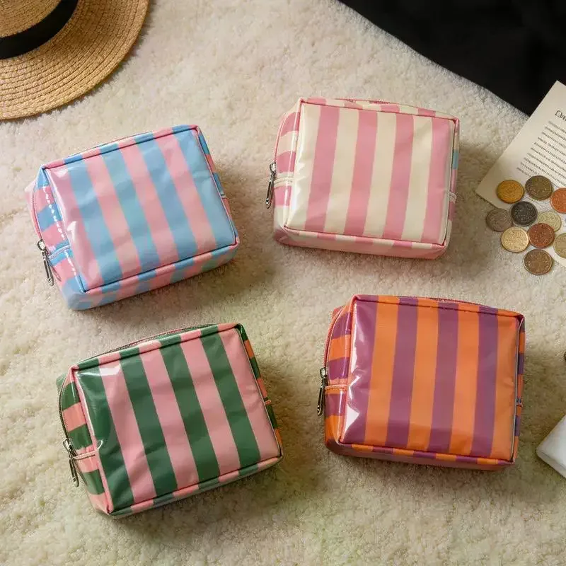 mini trousse de toilette rayée en pvc, trousse de maquillage, trousse de toilette imperméable, étui pour pinceaux de maquillage