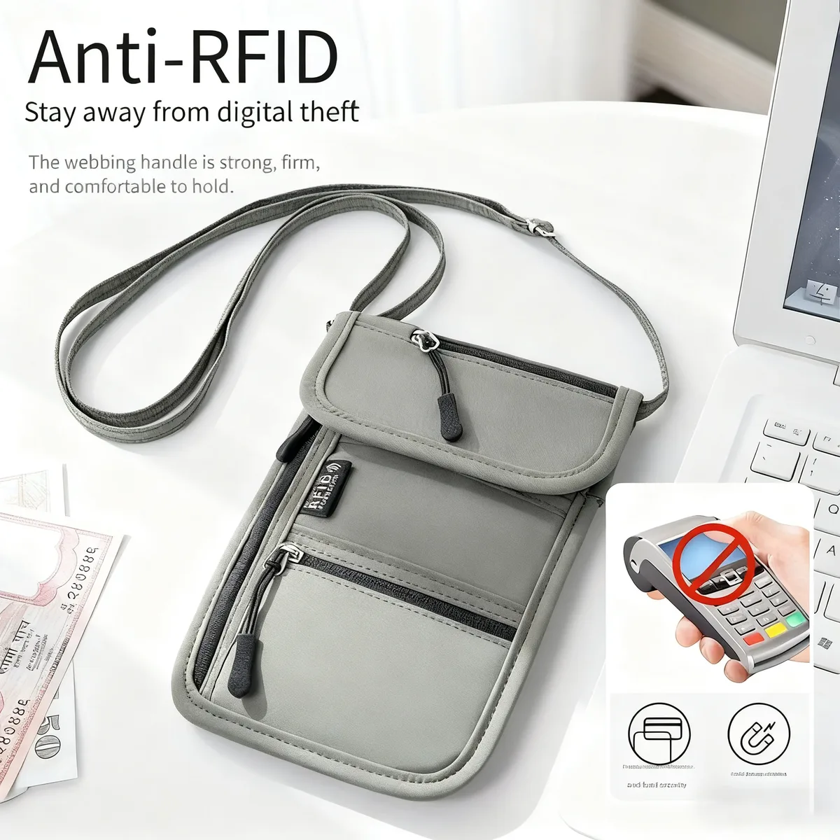 portefeuille de cou personnel avec blocage rfid, porte-passeport de voyage, pochette de cou cachée, organisateur super léger avec sangle réglable