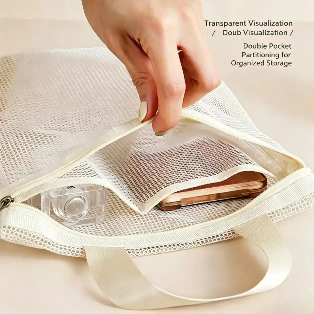 HOMEFISH Sacs de rangement en maille pour maquillage et articles de toilette, sacs à main portables de voyage, organisateur suspendu pour outils de douche et de toilette