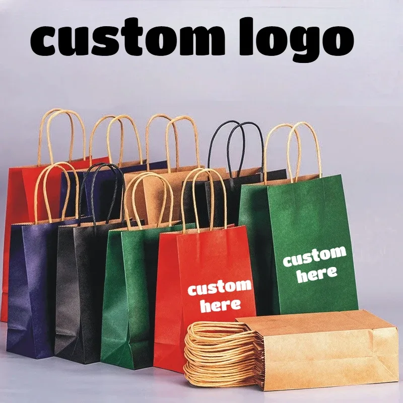 Sac en papier multifonctionnel avec poignées, Logo personnalisé, 10/50 pièces, sac cadeau pour fête d'anniversaire, sacs de shopping, sac d'emballage en papier Kraft