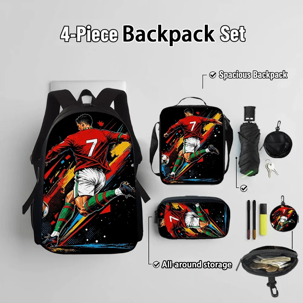 Ensemble de sacs à dos à motif étoile de football CR7, 2/3 pièces, sac à dos décontracté de grande capacité avec pochette et sac fourre-tout assortis, parfait pour le quotidien