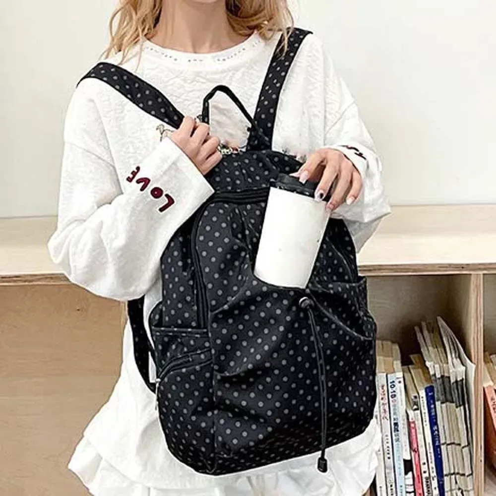 Sac à dos en nylon anti-éclaboussures à pois, léger, avec cordon de serrage, sac d'école pour étudiants, sac de voyage spacieux à plusieurs poches