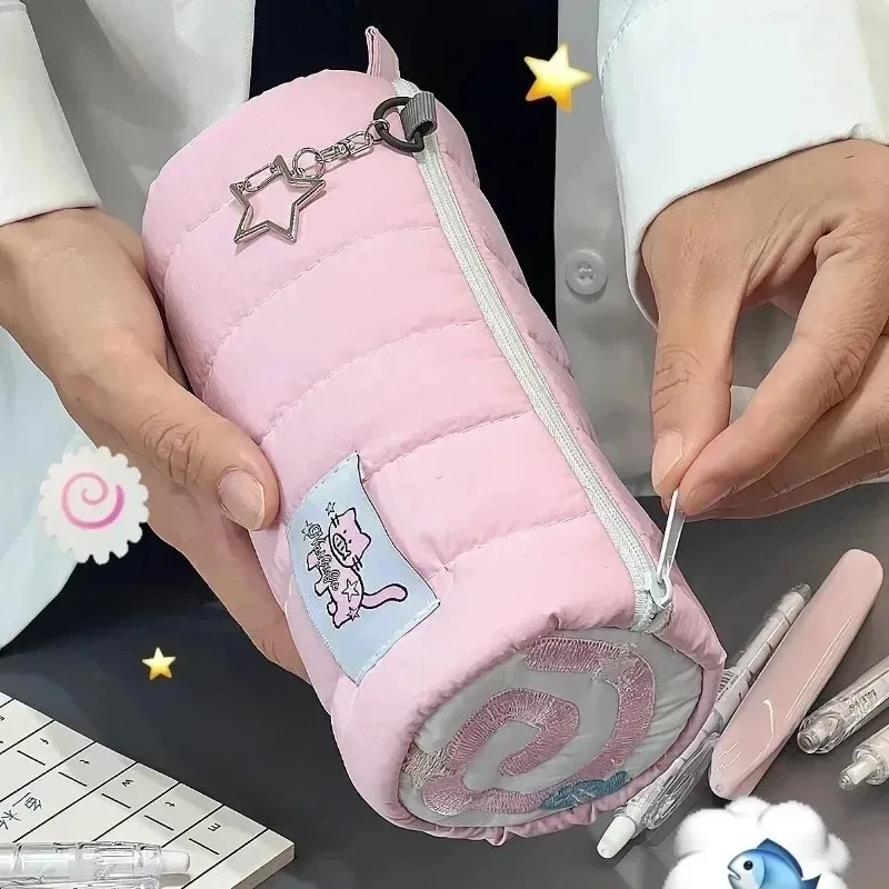 Trousse à crayons en rouleau de serviette rose, sac de rangement pour stylos souples Kawaii, pochette à cosmétiques, dessin animé, grande capacité, papeterie fournitures scolaires pour étudiants