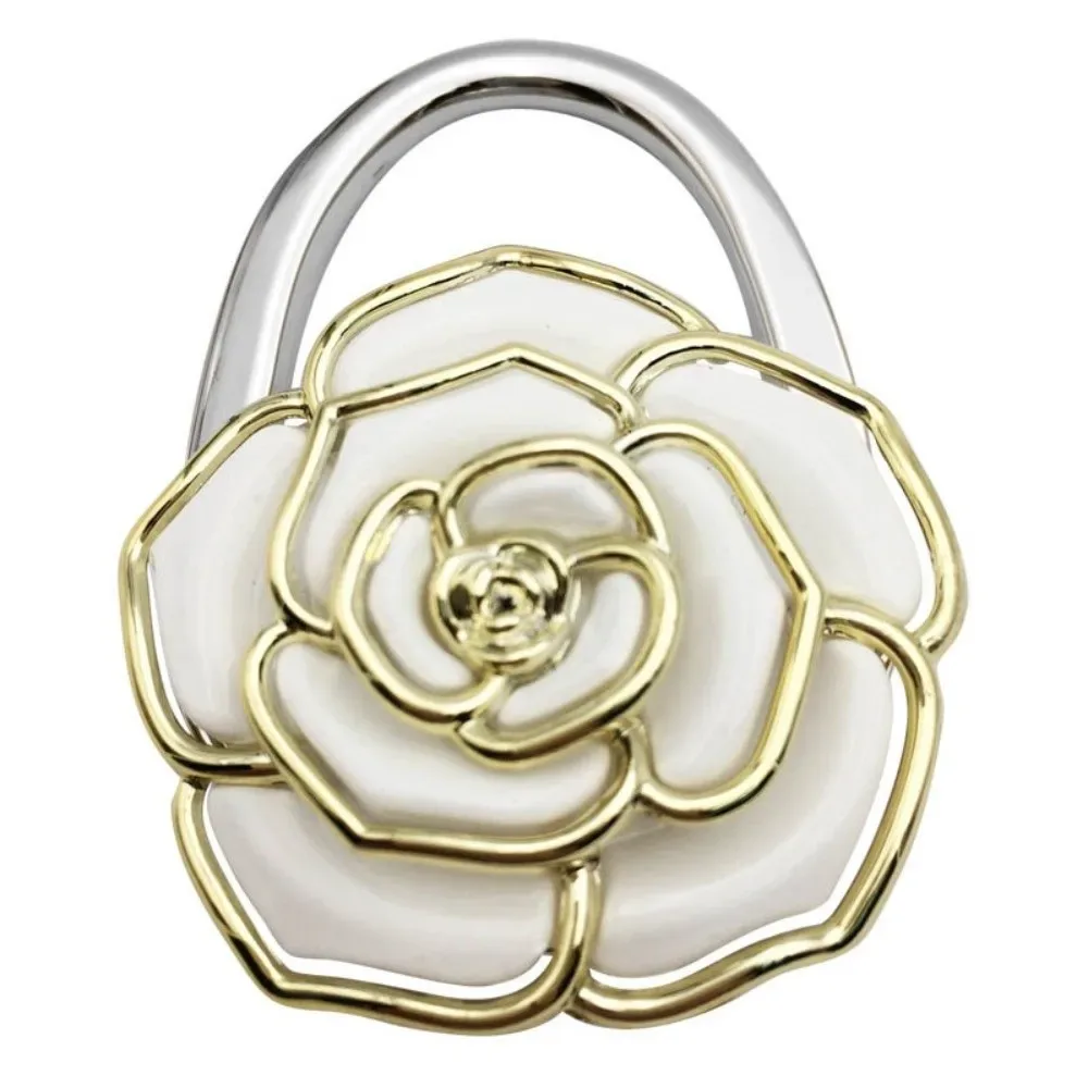 joli crochet pliable pour sac à main en forme de rose, support portable créatif pour porte-documents, support de table durable à bords dorés