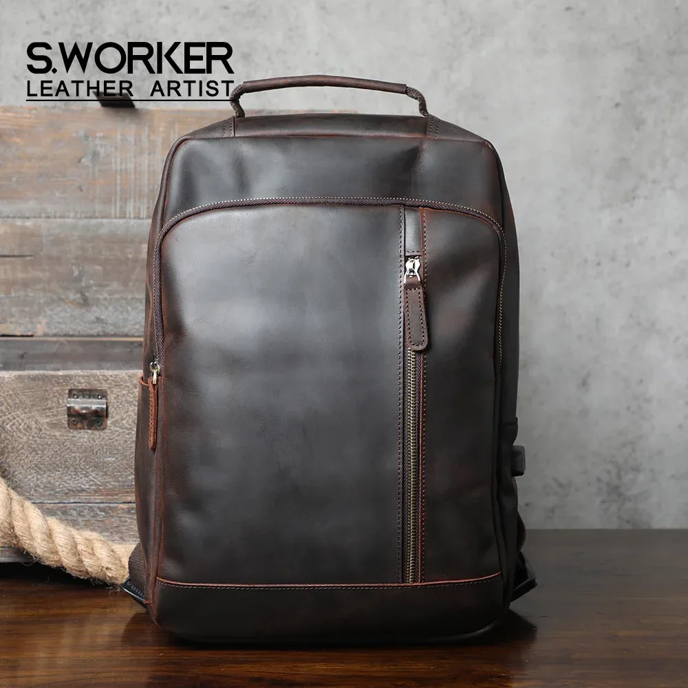 S. Punta KER-Sac à dos vintage en cuir véritable, sac pour ordinateur portable, sac d'école en cuir elin-horse, sac de week-end de voyage en plein air, sac initié