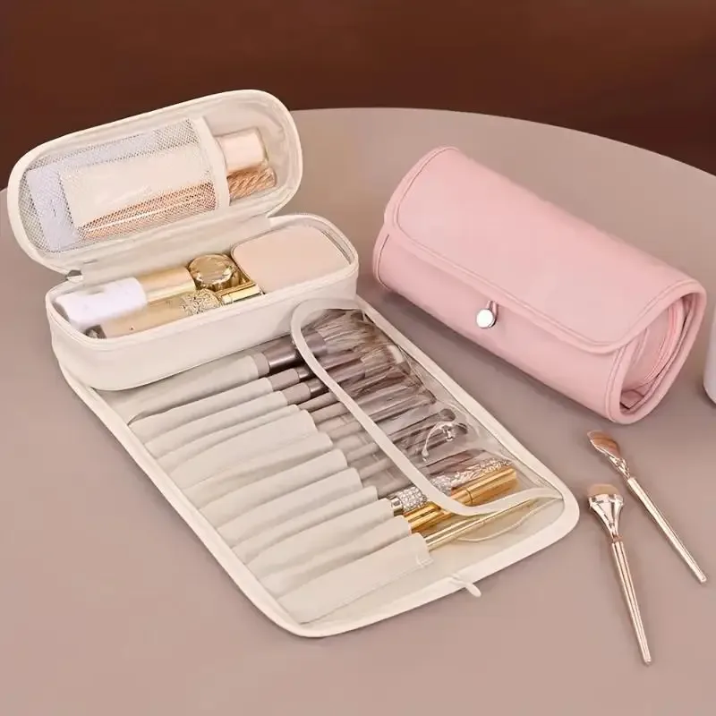 sac de rangement portable à la mode, trousse de maquillage multifonctionnelle de grande capacité, sac à pinceaux de maquillage pliable pour femme
