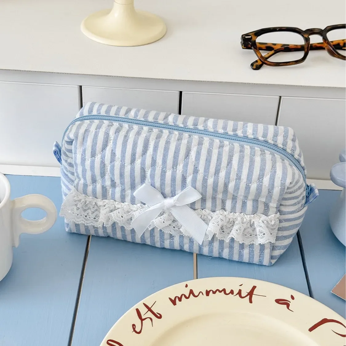sac à cosmétiques rayé avec nœud rose et bleu, pochette de maquillage en dentelle mignonne, sacs de rangement pour organisateur de cosmétiques pour femmes de grande capacité