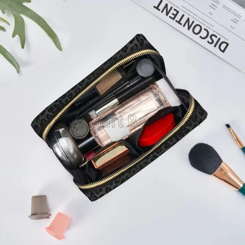 sacs de maquillage en cuir imprimé léopard noir, pochette de rangement de voyage de grande capacité, trousse de toilette portable pour femmes, organisateur de cosmétiques