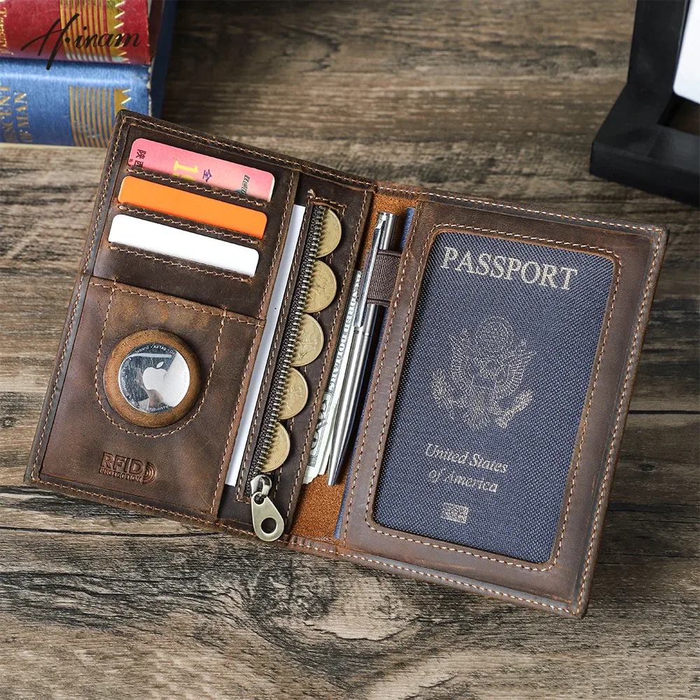 Porte-passeport en cuir de vache véritable, portefeuille de voyage avec étui Airtag, porte-stylo de poche Anti-perte, couverture de passeport bloquant RFID