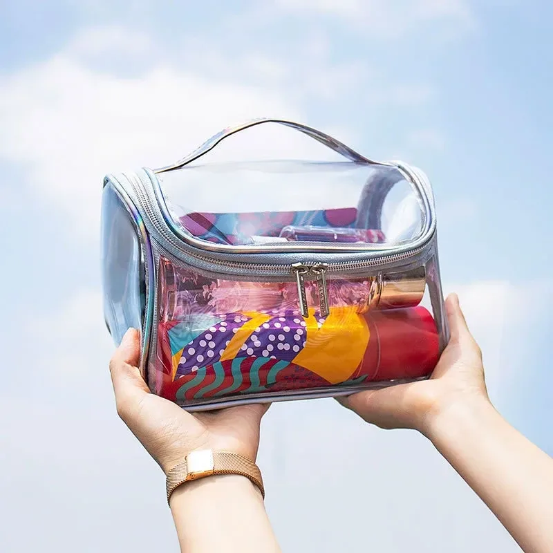 sac de maquillage transparent en pvc imperméable, trousse de toilette de voyage transparente, sac de rangement cosmétique à fermeture éclair de grande capacité