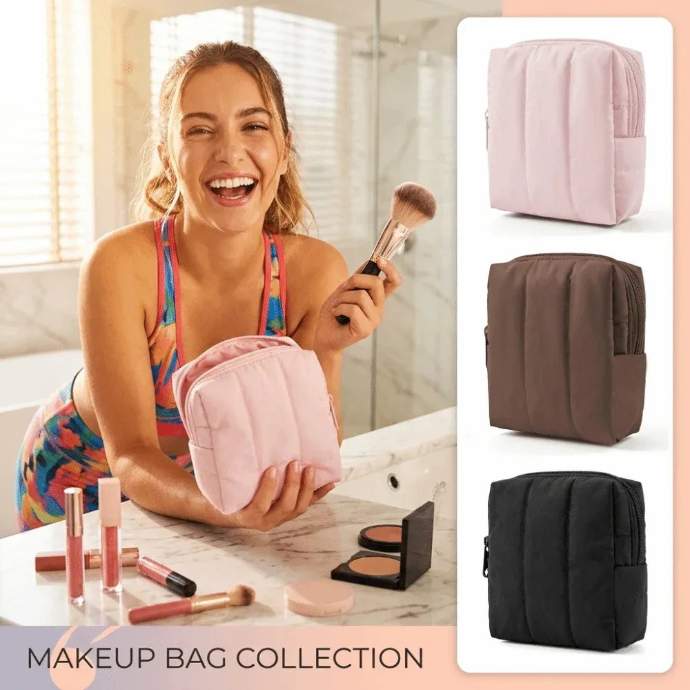 organisateur de cosmétiques imperméable, grande capacité, fermeture à glissière, sac à maquillage avec poche latérale, sac à maquillage matelassé portable pour femmes