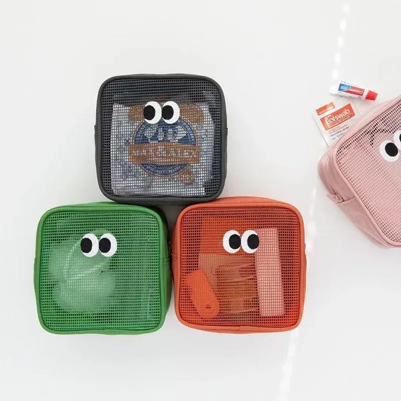 trousse de maquillage portable kawaii, sac cosmétique en maille, sac de rangement de produits de toilette, poudres de maquillage, grands yeux mignons, nouveau document de bonbons