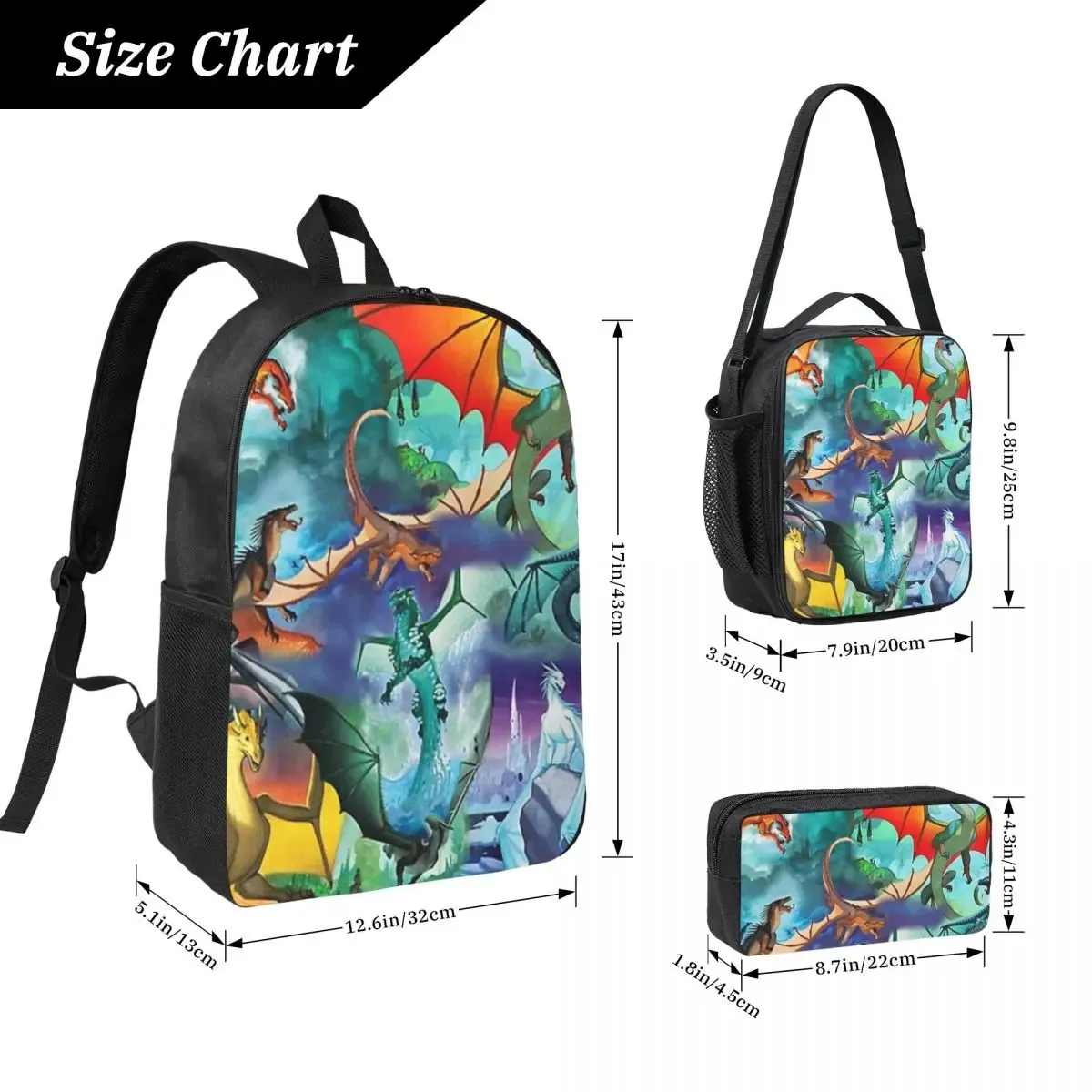 Wings Of Fire – sac à dos de la série All Dragon pour garçons et filles, sac d'école, sacs à bandoulière pour ordinateur, sac à déjeuner isotherme, trousse à crayons, 3 pièces