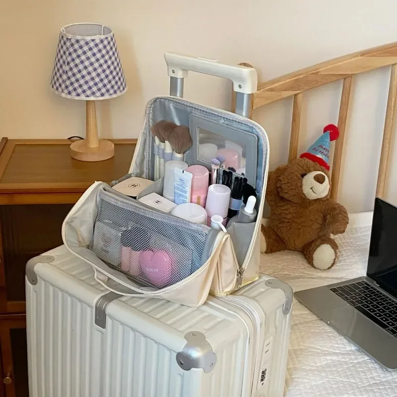 sac de maquillage portable grande capacité pour femmes, sac de voyage suspendu avec compartiments et miroir intégré, sac de rangement