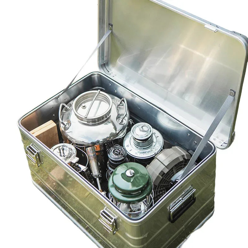 boîte de rangement en aluminium de grande capacité, valise d'équipement de camping étanche en plein air, boîte à outils portable en métal pour coffre de camping
