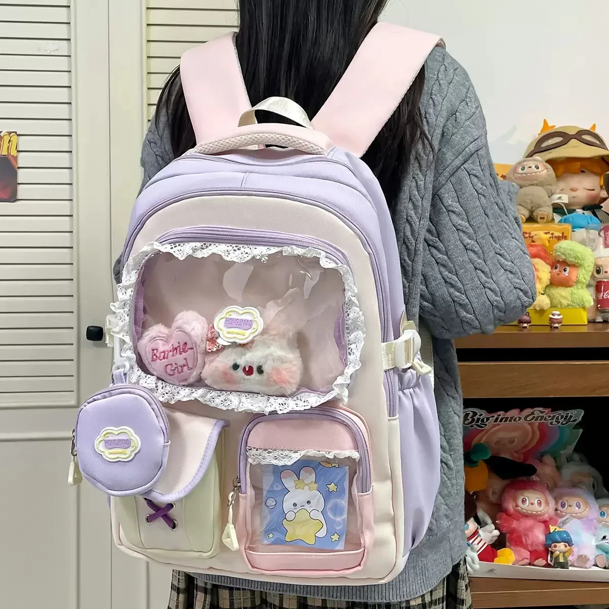 nouveau sac à dos ita y2k mignon avec porte-monnaie, sac à dos transparent grande capacité pour étudiantes, idéal pour l'école, l'université et les activités de plein air