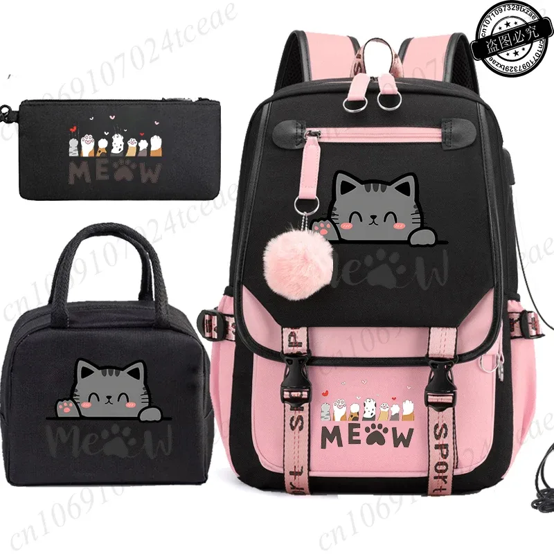 sac à dos scolaire pour adolescents, sac à dos quotidien pour étudiants, sac à dos pour filles, sac à dos scolaire à motif de chat noir, avec sac à lunch et trousse à crayons, 3 pièces/ensemble