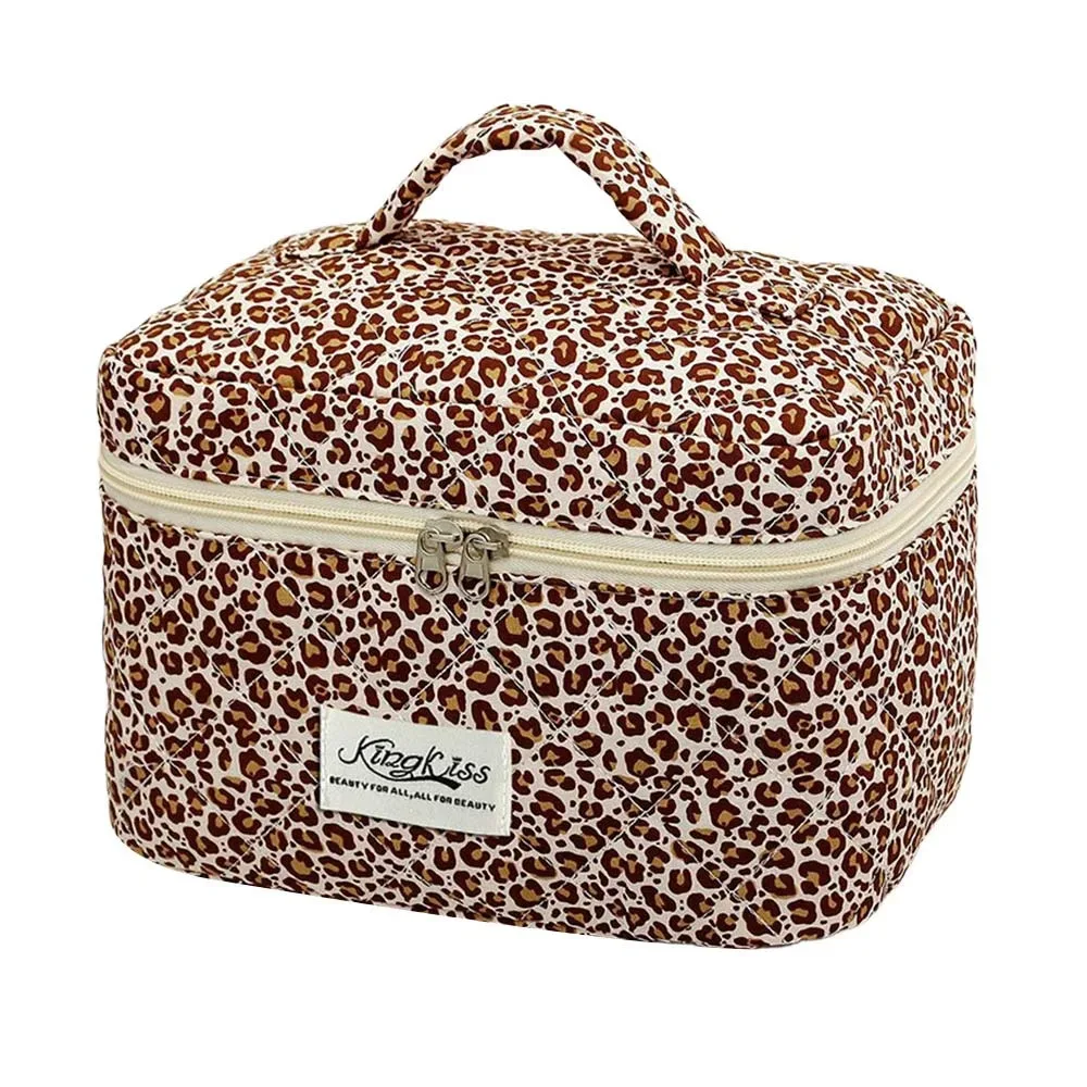 trousse de maquillage matelassée en coton imprimé floral, trousse à cosmétiques multifonctionnelle à imprimé léopard, portefeuille de voyage de plusieurs tailles