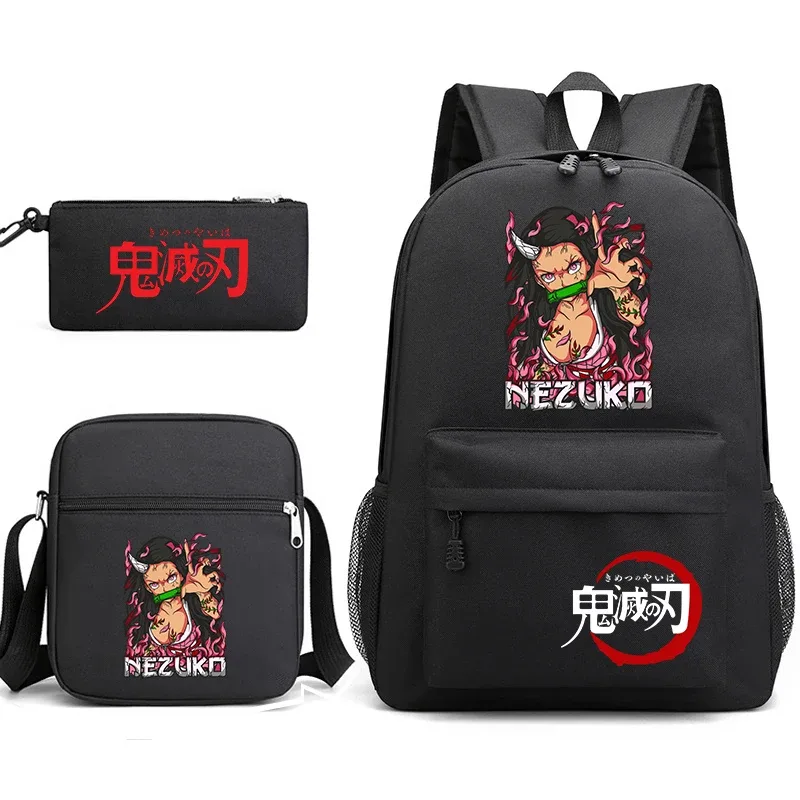 ensemble de sacs à dos d'école imprimés demon slayer, 3 pièces, avec sac à bandoulière, trousse à crayons pour garçons et filles