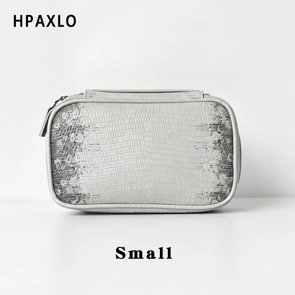 trousse de maquillage quotidienne en cuir de vachette grain lézard teinte himalaya pour femmes, légère et durable avec fermeture éclair
