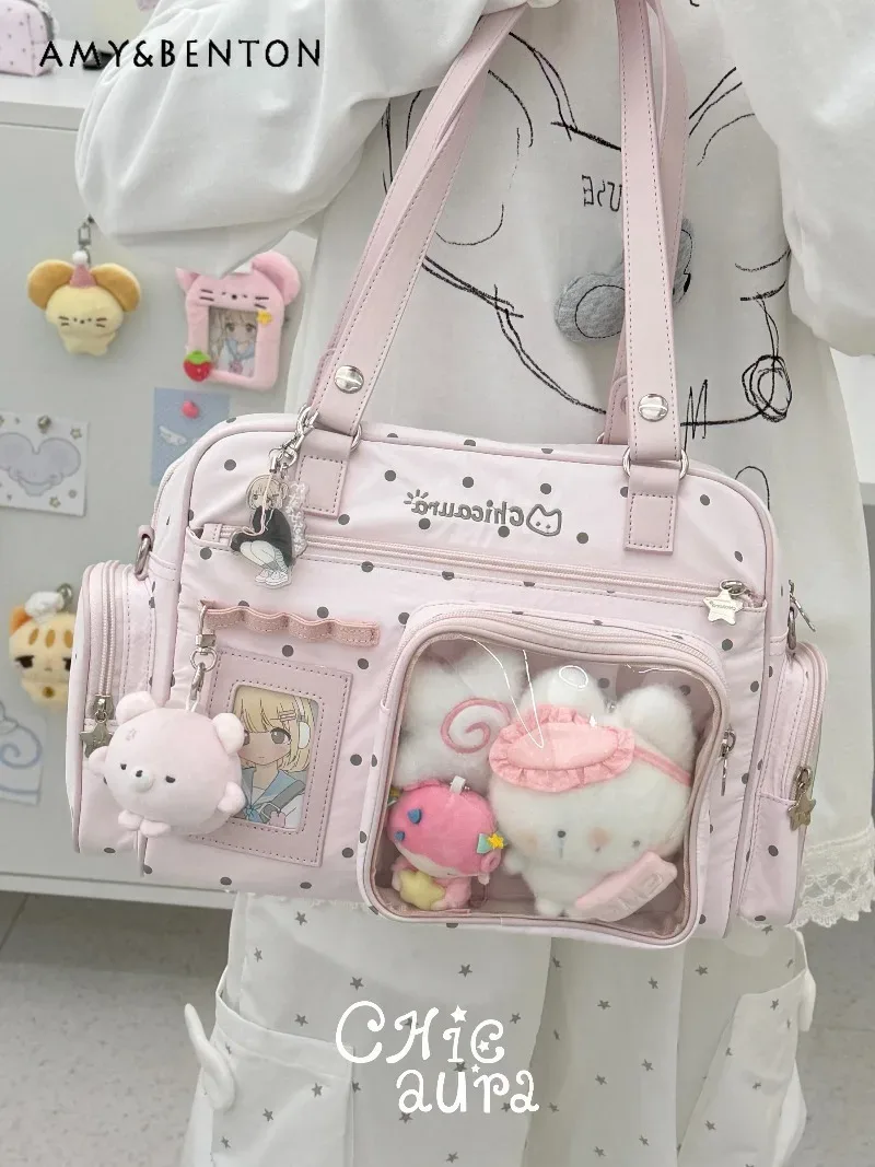 Sac à bandoulière polyvalent grande capacité pour femme, motif pois, style gothique bidimensionnel, sac messager tendance