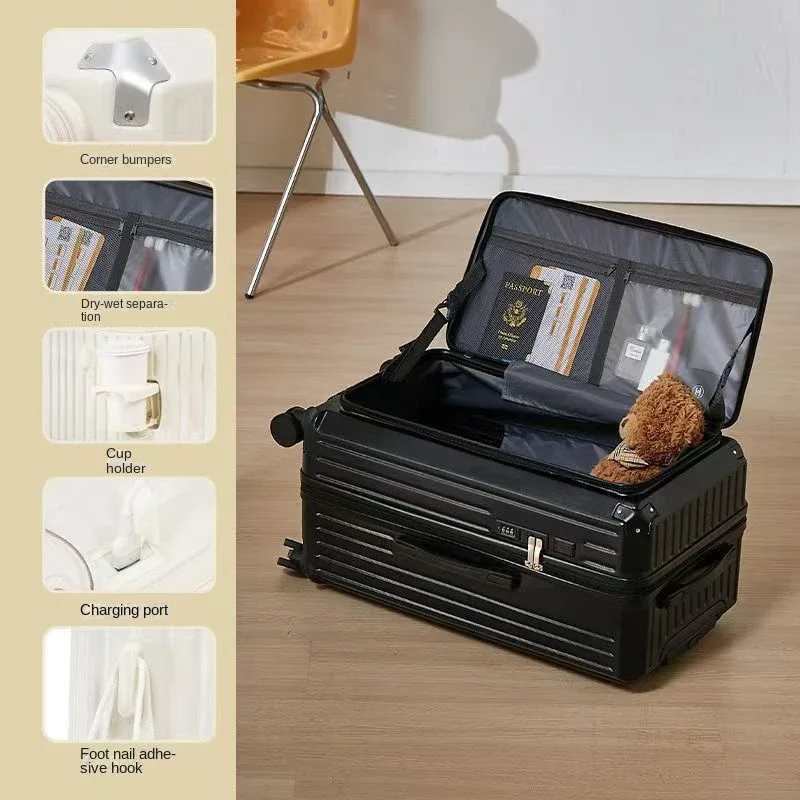 valise à ouverture latérale avec porte-gobelet usb, valise épaisse et durable, grande capacité, valises de voyage 36 pouces, 20/26/30/32 pouces