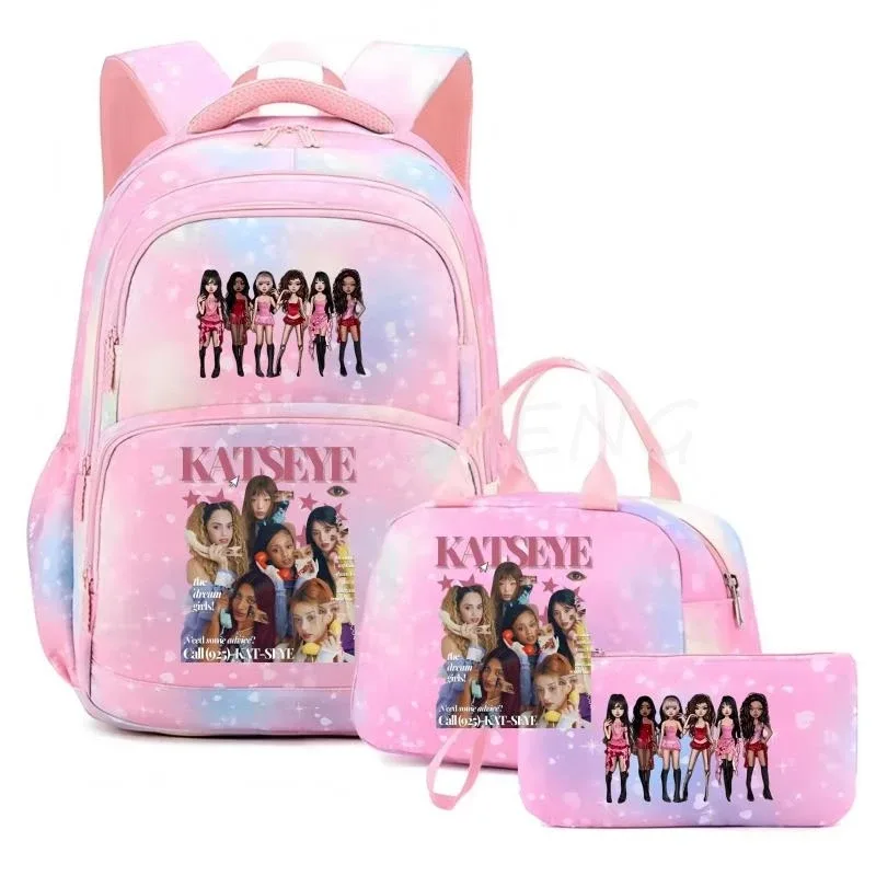sac à dos katseye pour femmes, 3 pièces/ensemble, sac d'école pour étudiants, grande capacité, sac de voyage en plein air, sac d'école pour étudiants avec dessin animé