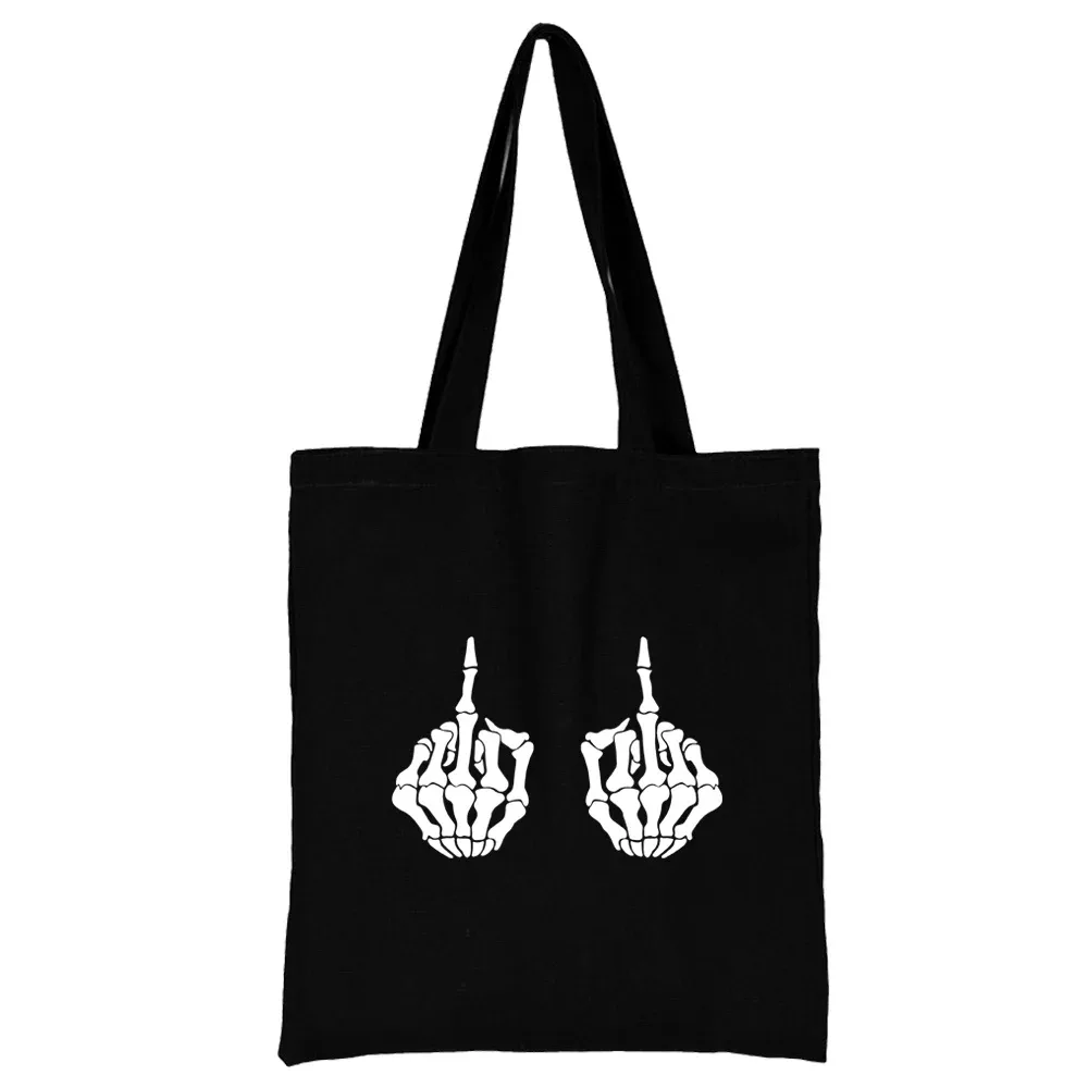sac de shopping en toile noire pour femmes, fourre-tout décontracté réutilisable, sac à bandoulière à motif blanc imprimé, sac à main pliable de grande capacité