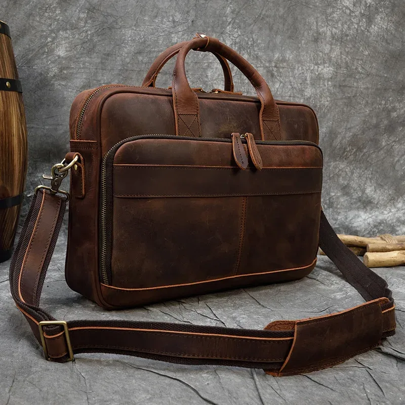 porte-documents rétro pour ordinateur portable, sacs à main en cuir véritable, sac d'affaires décontracté de 15.6 pouces, fourre-tout de travail quotidien pour hommes, sac pour documents