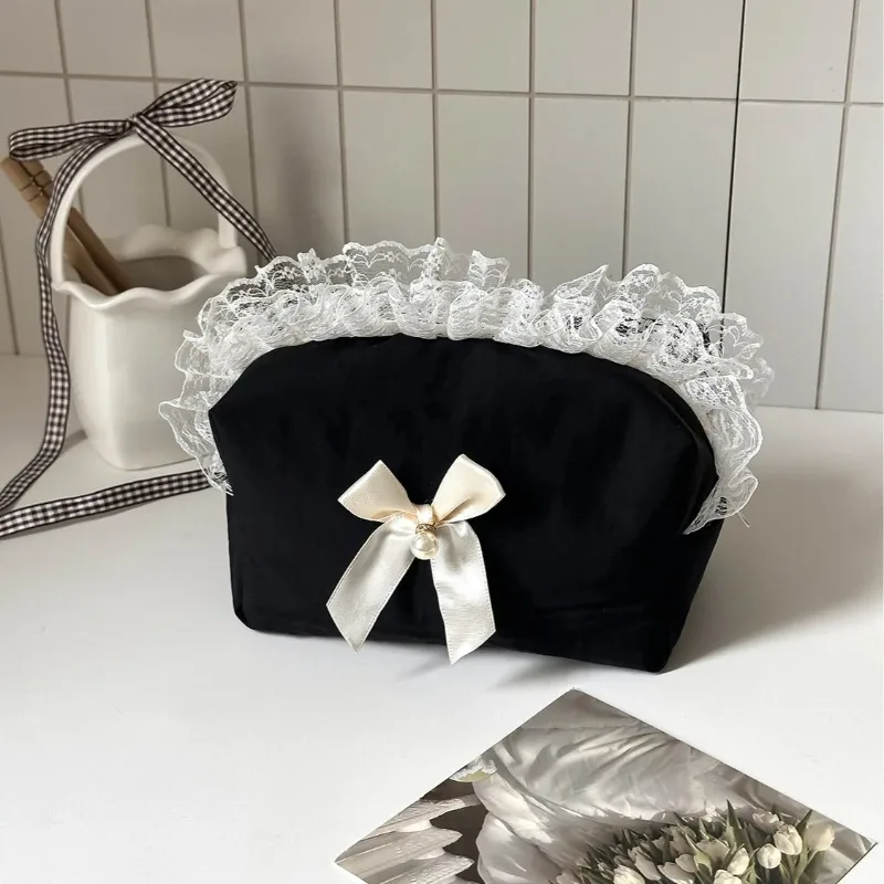 trousse de maquillage coréenne avec nœud en dentelle noire, organisateur de cosmétiques de grande capacité, pochette de toilette de voyage mignonne