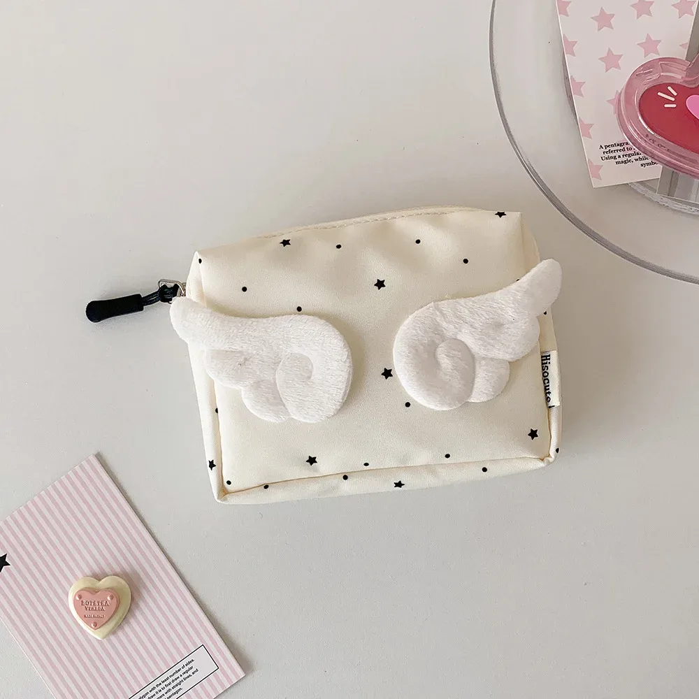 sac à main ailes pour femmes, petite trousse de maquillage, sac de rangement utile, pochette de papeterie, décor d'ange de dessin animé doux, mini sac de poche portable mignon