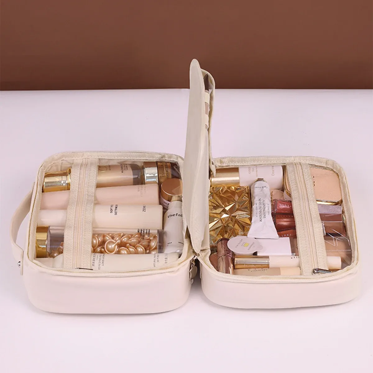 sac de maquillage trois en un pour femmes, sac de rangement portable en cuir pu, sac de voyage pour pinceaux cosmétiques et articles de toilette