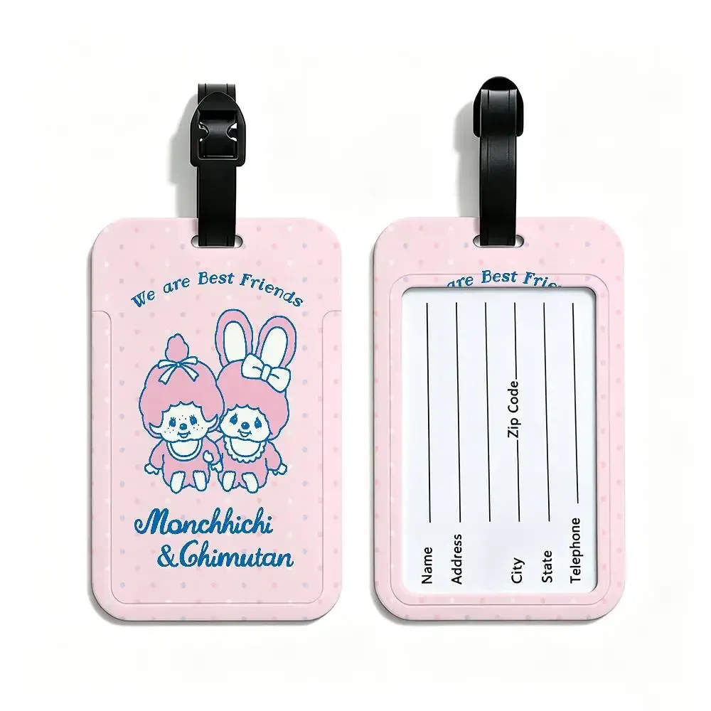 étiquette de bagage de voyage en pvc, motif dessin animé lawaii anime m-monchhichi, avec porte-carte d'informations et marqueur de nom anti-perte pour sac à dos.