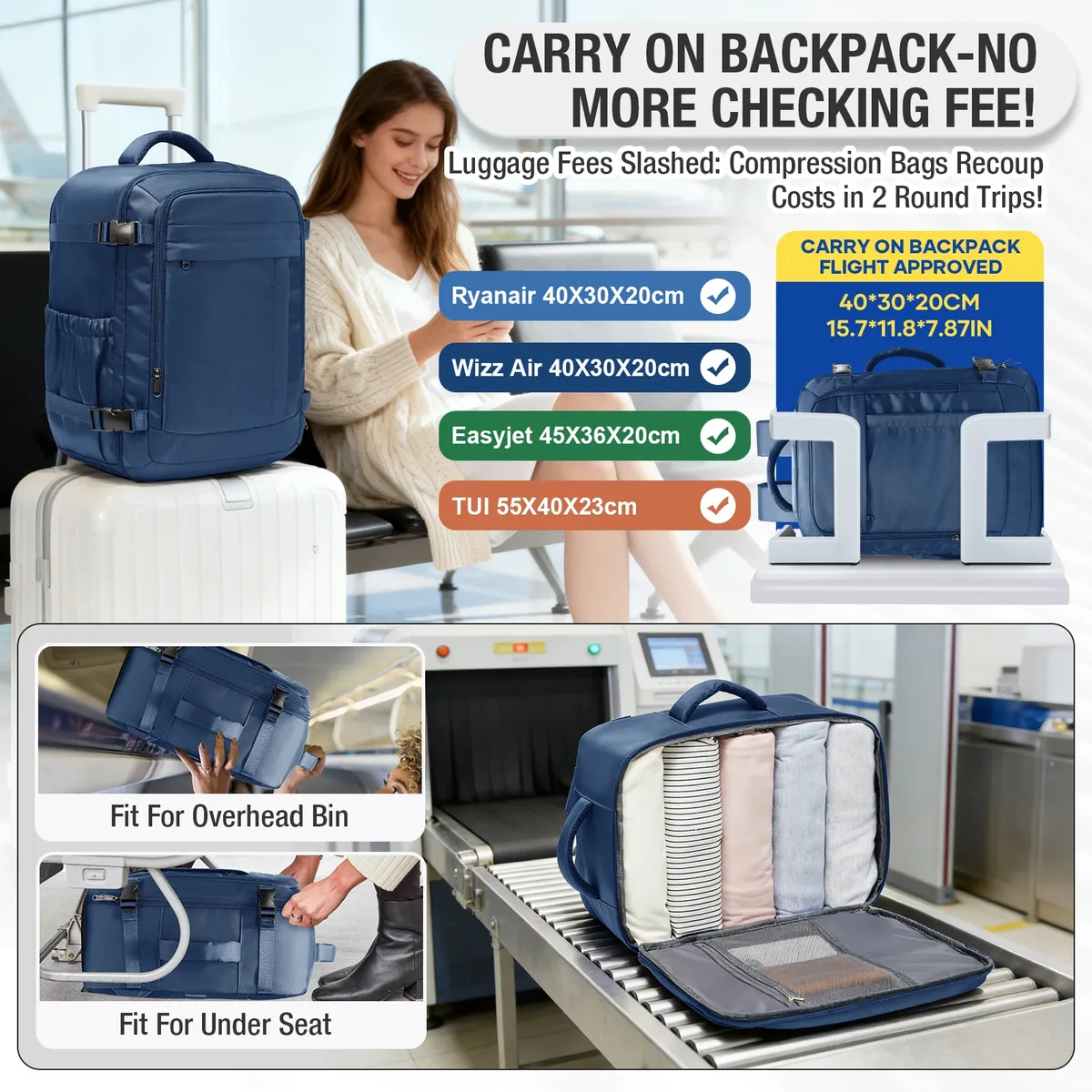 Bagage à main Ryanair 40x30x20, sac à dos pour femmes et hommes, sac de cabine authentique, sac à dos pour avion, sac de travail, sac à dos scolaire