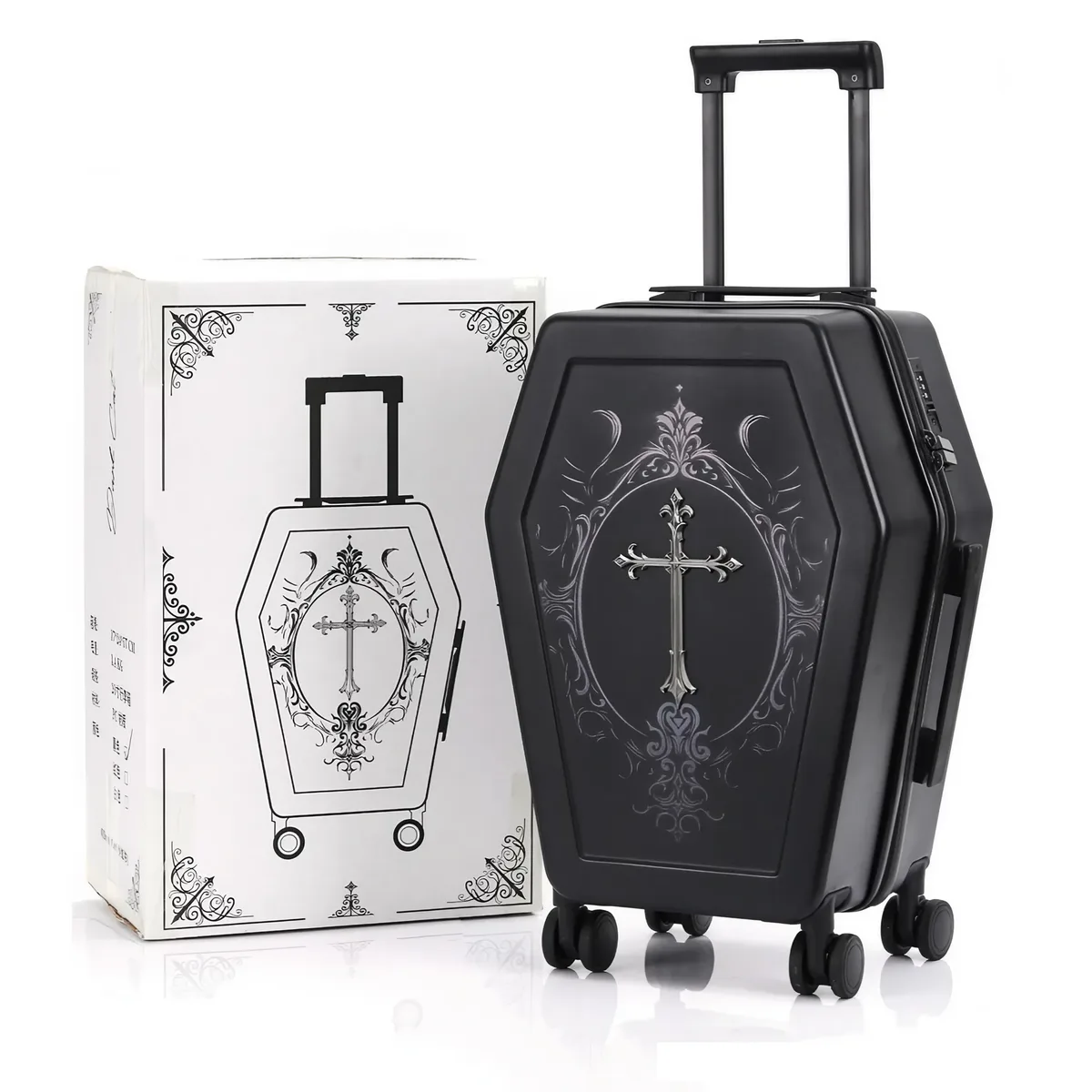 valise de voyage style gothique avec poignée en forme de cercueil pour halloween, boîte à bagages noire tendan