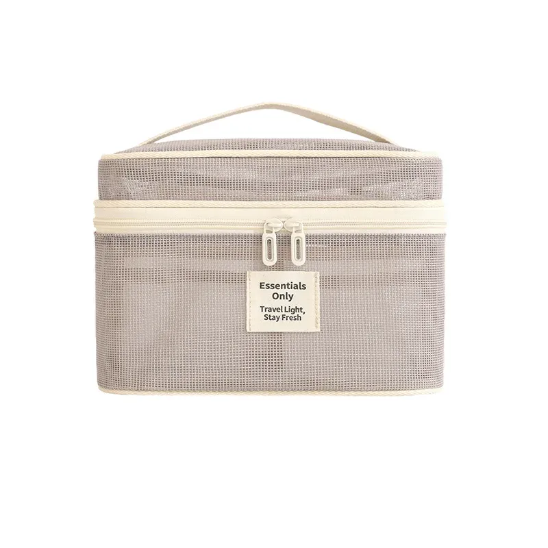 sac de voyage cosmétique et de maquillage tendance avec fermeture éclair, motif lettres en maille, durable, grande capacité, portable, respirant et à compartiments