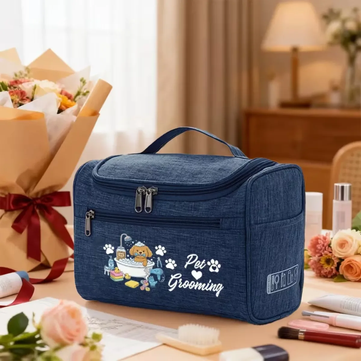 sac de voyage pour toilettage des animaux, organisateur d'accessoires pour animaux de compagnie avec motif de bain de chien mignon, pochette suspendue portable pour accessoires de toilettage