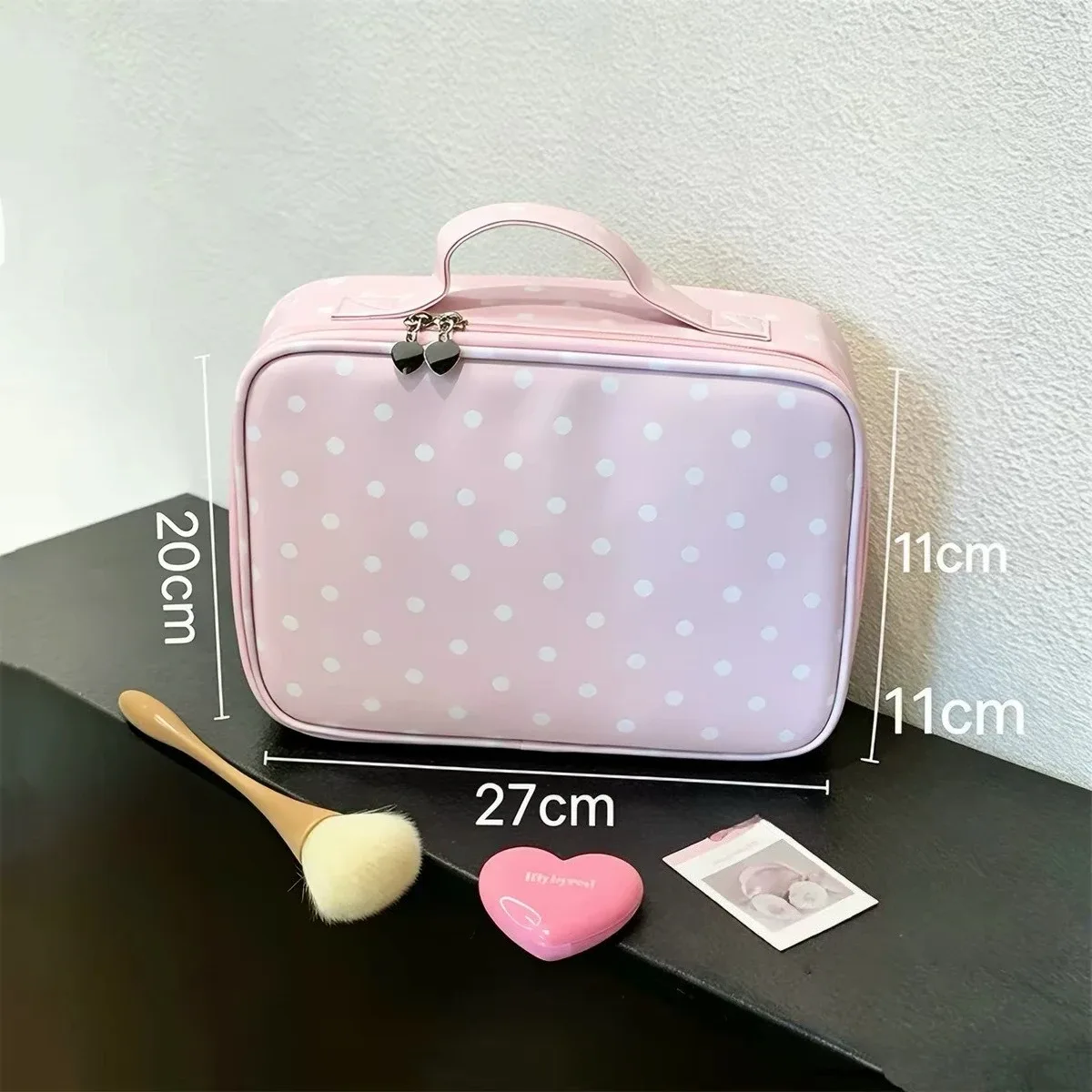 grande trousse de maquillage à pois pour femmes, sac de voyage pliable en forme de cube, trousse de toilette portable avec fermeture éclair pour les voyages
