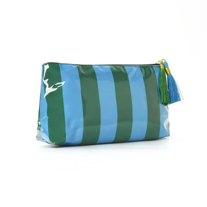pochette cosmétique rayée en pvc avec franges et fermeture éclair, trousse de toilette imperméable pour voyage, étui pour pinceaux de maquillage