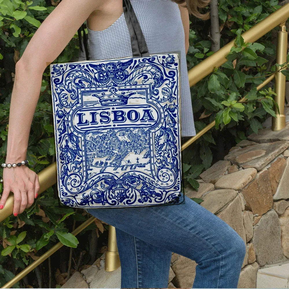 sac fourre-tout en toile motif carreaux de lisbonne bleu et blanc classique, sac à main écologique, cadeau original pour les fans de voyage au portugal