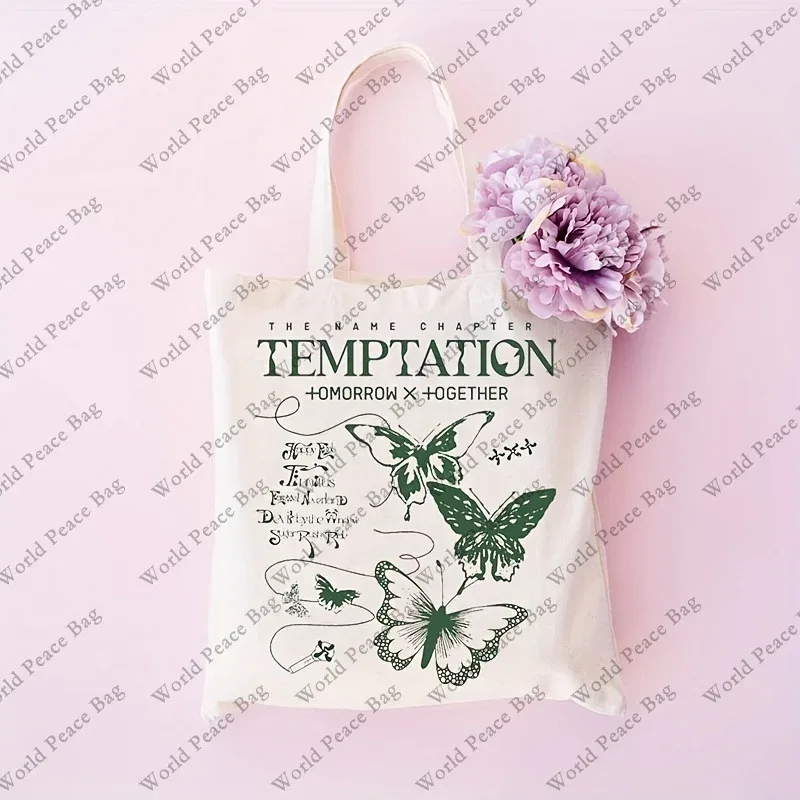 sac fourre-tout papillon mignon à motif de tentation, sac fourre-tout cadeau pour fans de kpop, sac à bandoulière décontracté en toile à la mode, sac de shopping