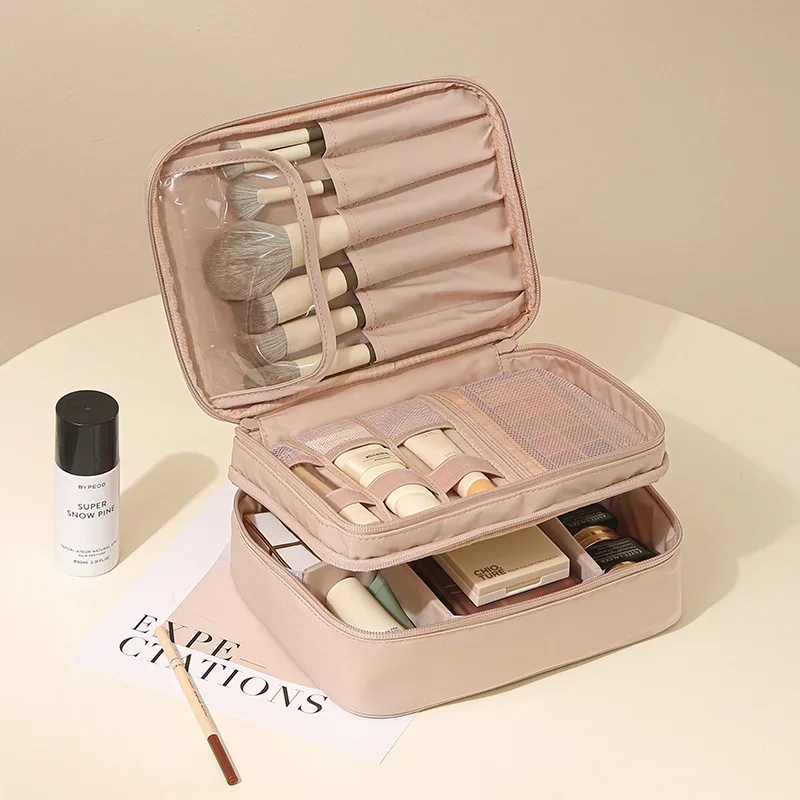 trousse de toilette grande capacité à double compartiment avec séparateurs ; sac de voyage portable en tissu oxford