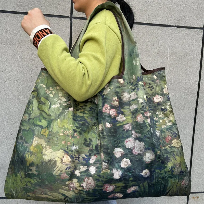 sac de courses pliable imprimé peinture à l'huile, réutilisable, grande capacité, sac fourre-tout écologique, sac de rangement portable et imperméable