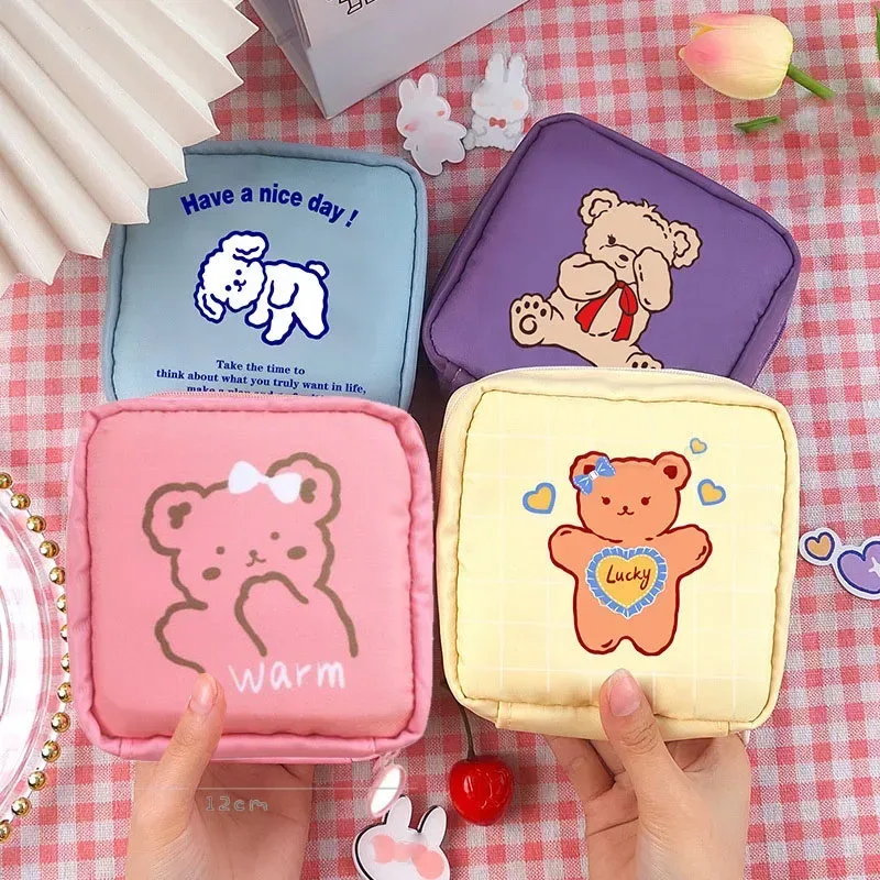 Sacs de rangement pour serviettes hygiéniques pour femmes, petits étuis à cosmétiques pour femmes, voyage, étanche, poudre, ours mignon, lapin, rouge à lèvres, porte-monnaie