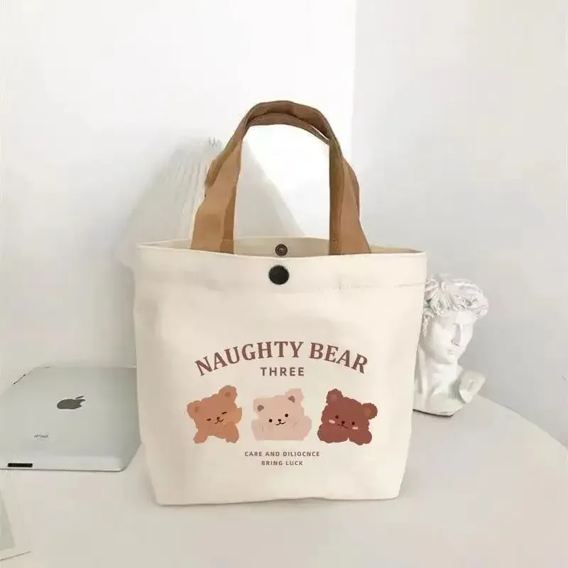 sac fourre-tout mini en toile motif ours mignon, sac à déjeuner esthétique kawaii pour femmes et filles, sac à main scolaire réutilisable pour étudiantes, cadeau