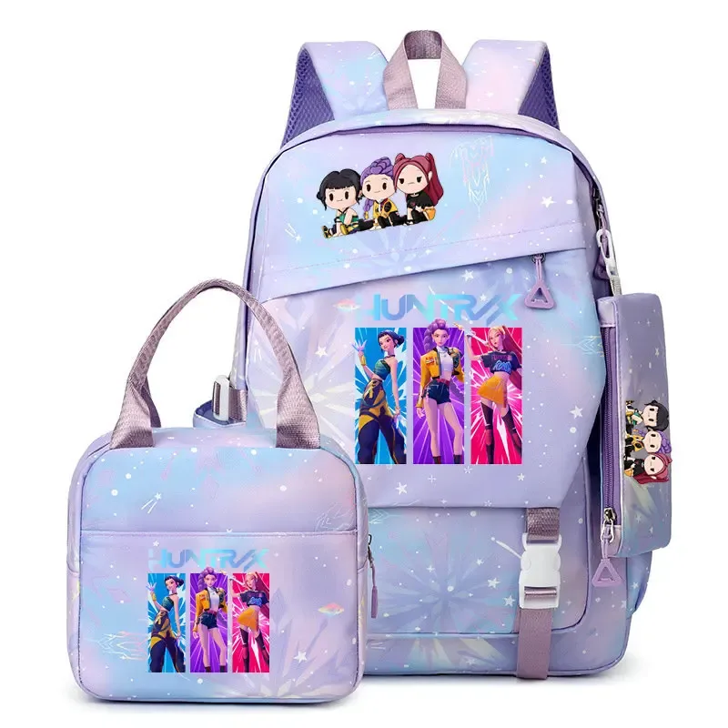 lot de 3 sacs à dos k-pop demon hunters pour filles, adolescents, femmes et enfants, pour l'école primaire et secondaire