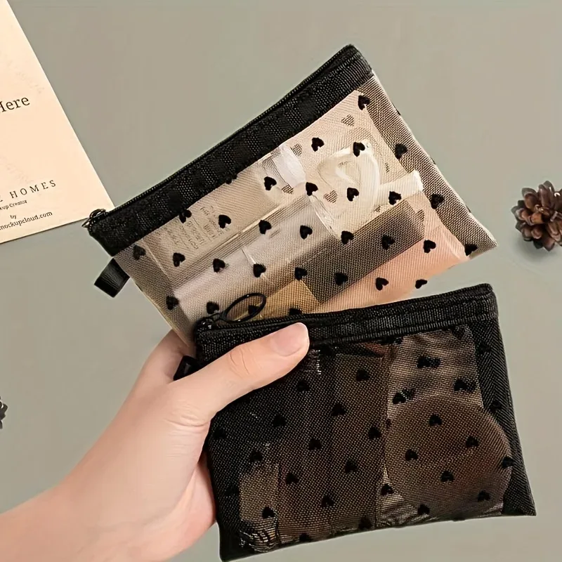 sac de maquillage en maille transparente en forme de cœur, pochette de rangement de cosmétiques multifonction pour femmes, sac de rangement de toilette portable pour dames 1 pièce