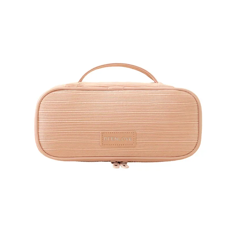 sac de rangement de maquillage de voyage en velours côtelé pour femmes, sac à cosmétiques portable à fermeture éclair avec poignée carrée, pochette de lavage de toilette de grande capacité